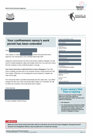 Confinement Nanny Work Permit Extension Approval Letter