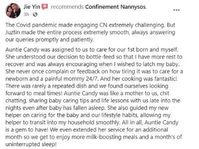 Confinement nanny review by Jie Yin